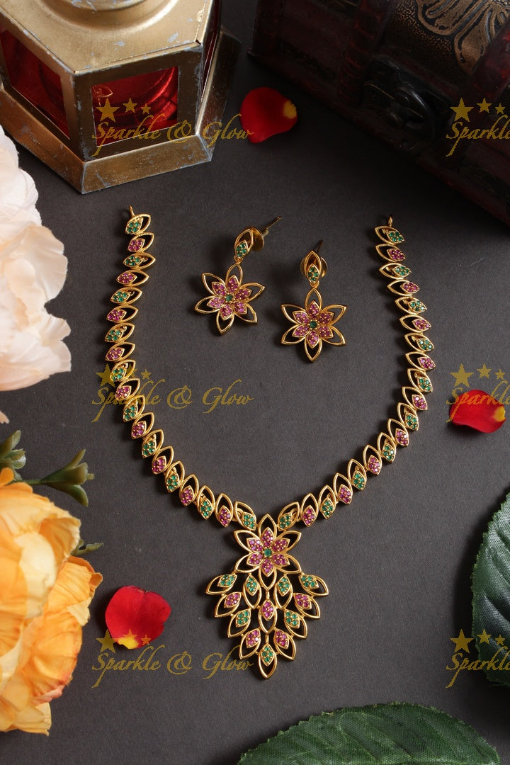Premium Matte oval deisgn floral AD necklace - Multi