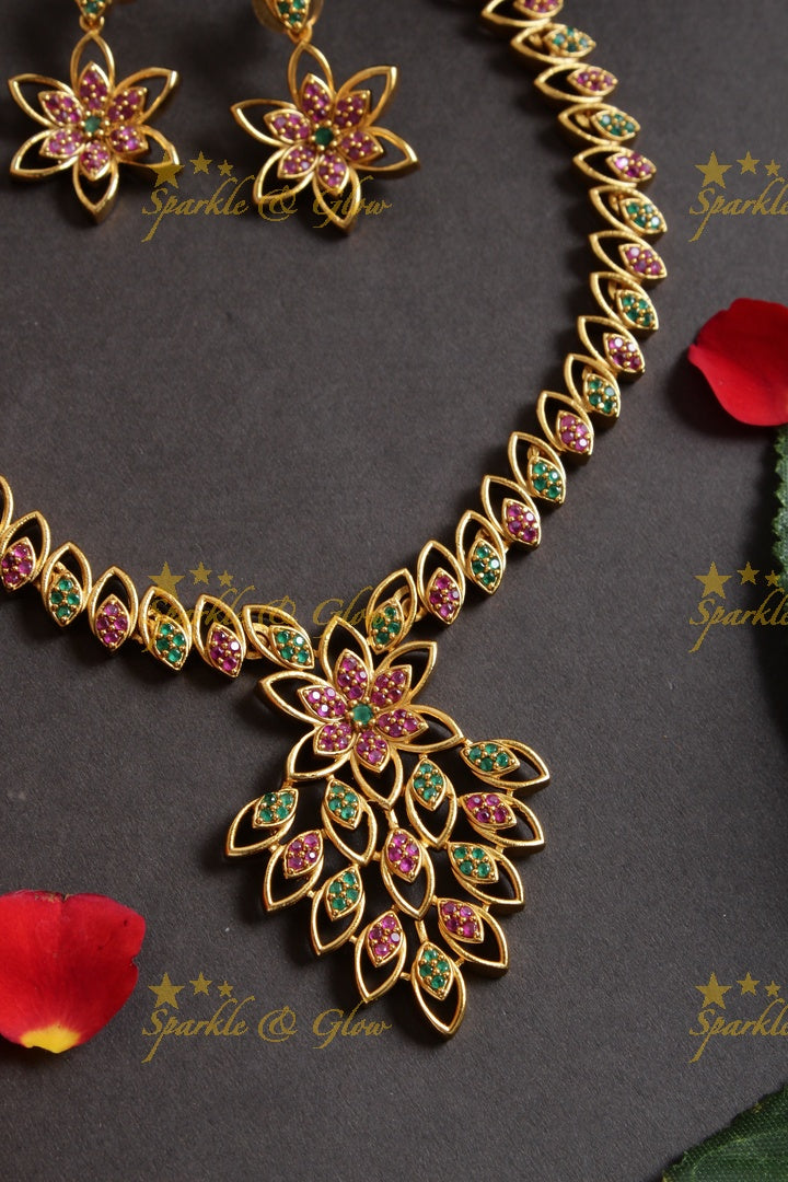 Premium Matte oval deisgn floral AD necklace - Multi