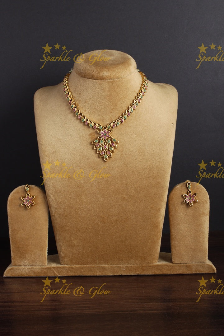 Premium Matte oval deisgn floral AD necklace - Multi
