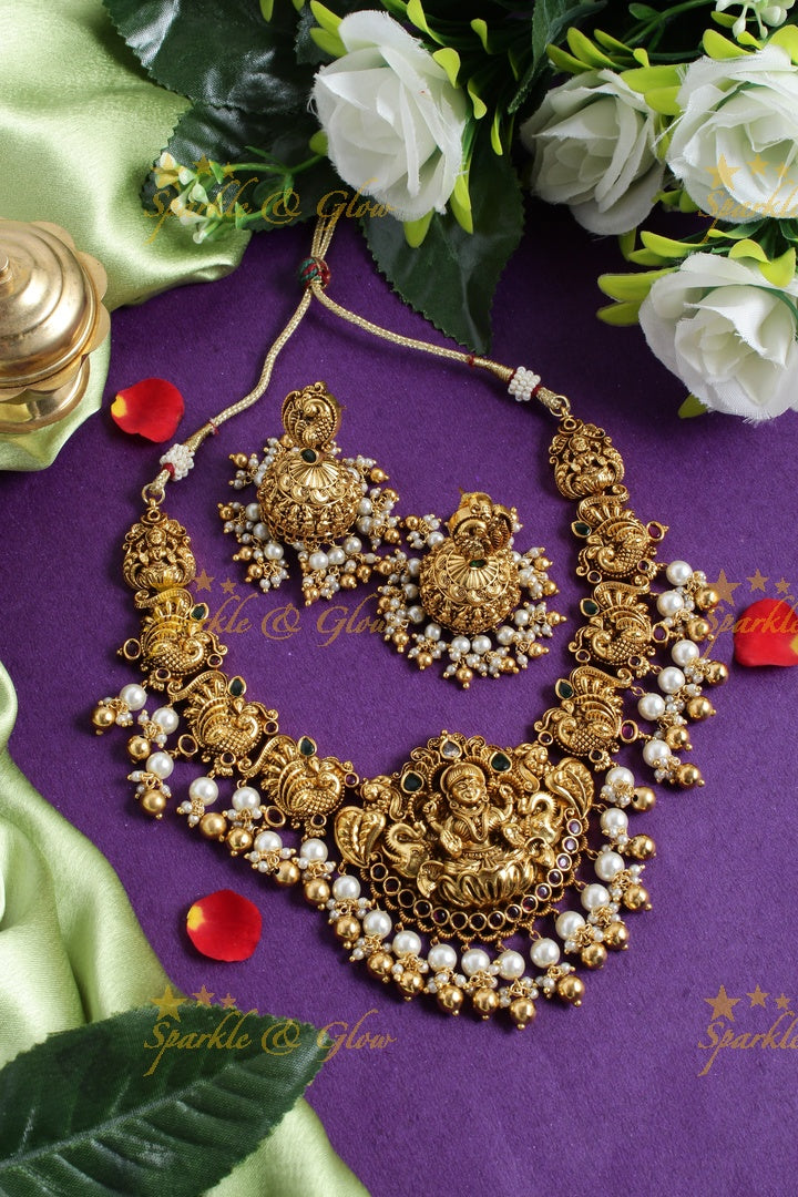 Exclusive Lakhsmi peacock carved pearl green beads necklace