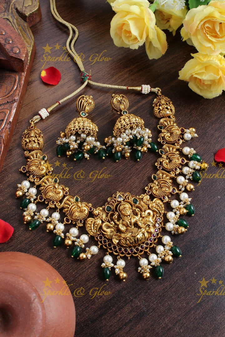 Exclusive Lakhsmi peacock carved pearl green beads necklace