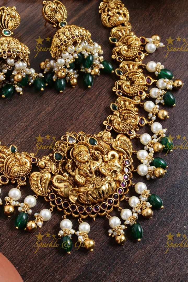 Exclusive Lakhsmi peacock carved pearl green beads necklace