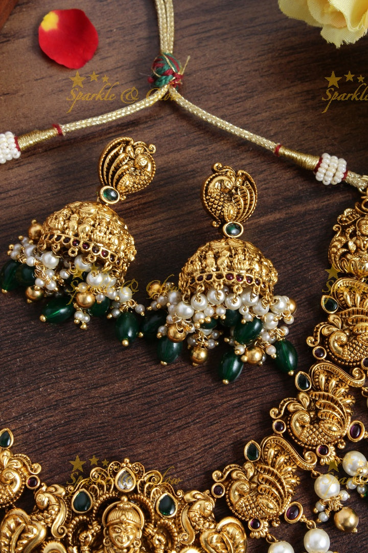 Exclusive Lakhsmi peacock carved pearl green beads necklace