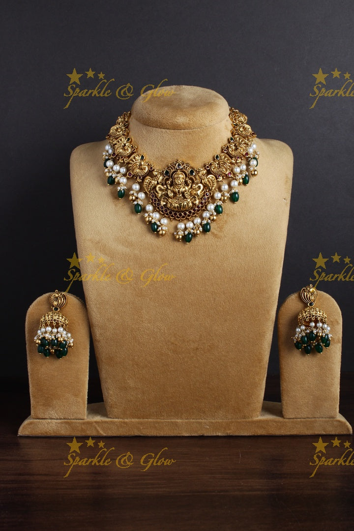 Exclusive Lakhsmi peacock carved pearl green beads necklace