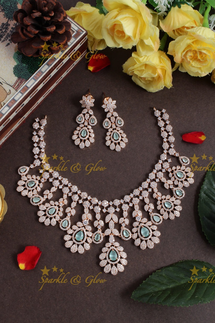 Beautiful floral leaf design rose gold AD necklace - White