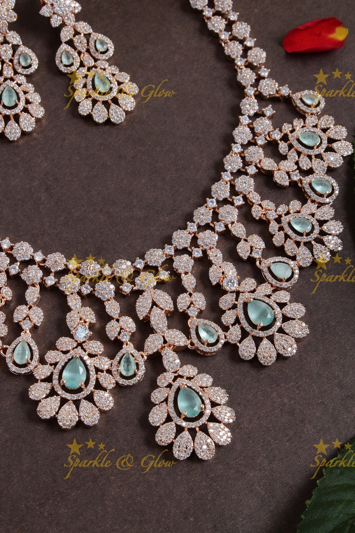 Beautiful floral leaf design rose gold AD necklace - Mint Green