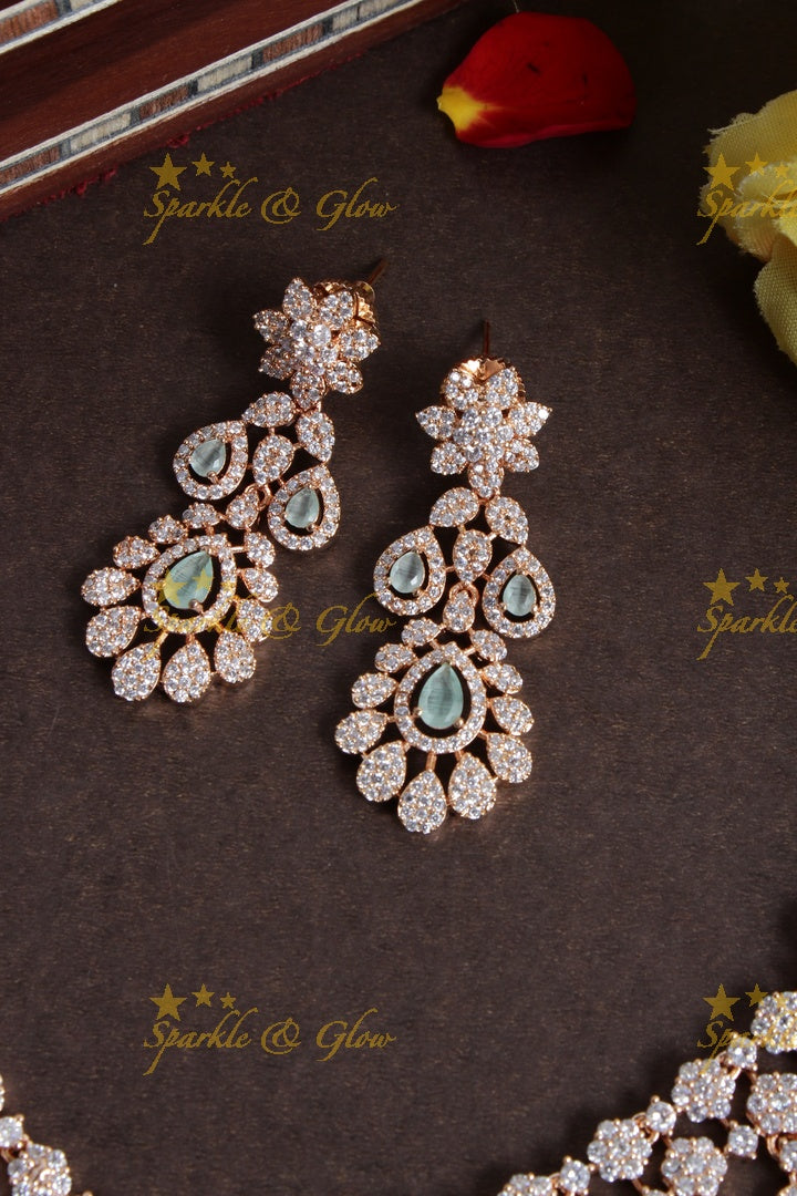 Beautiful floral leaf design rose gold AD necklace - Mint Green