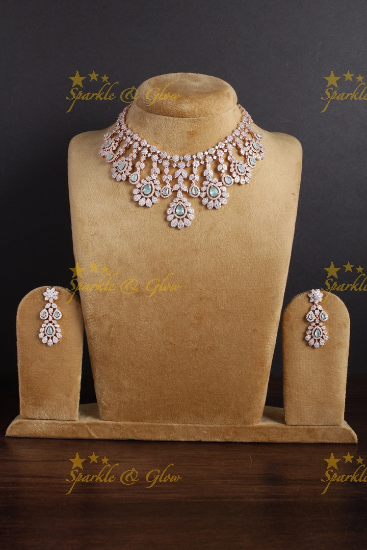 Beautiful floral leaf design rose gold AD necklace - Mint Green