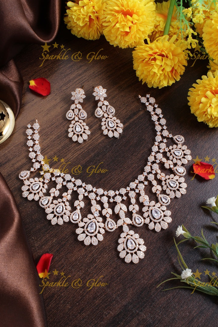 Beautiful floral leaf design rose gold AD necklace - White