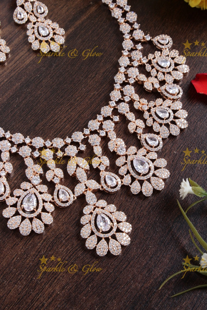 Beautiful floral leaf design rose gold AD necklace - White