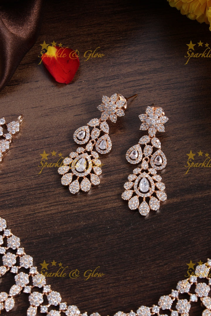 Beautiful floral leaf design rose gold AD necklace - White