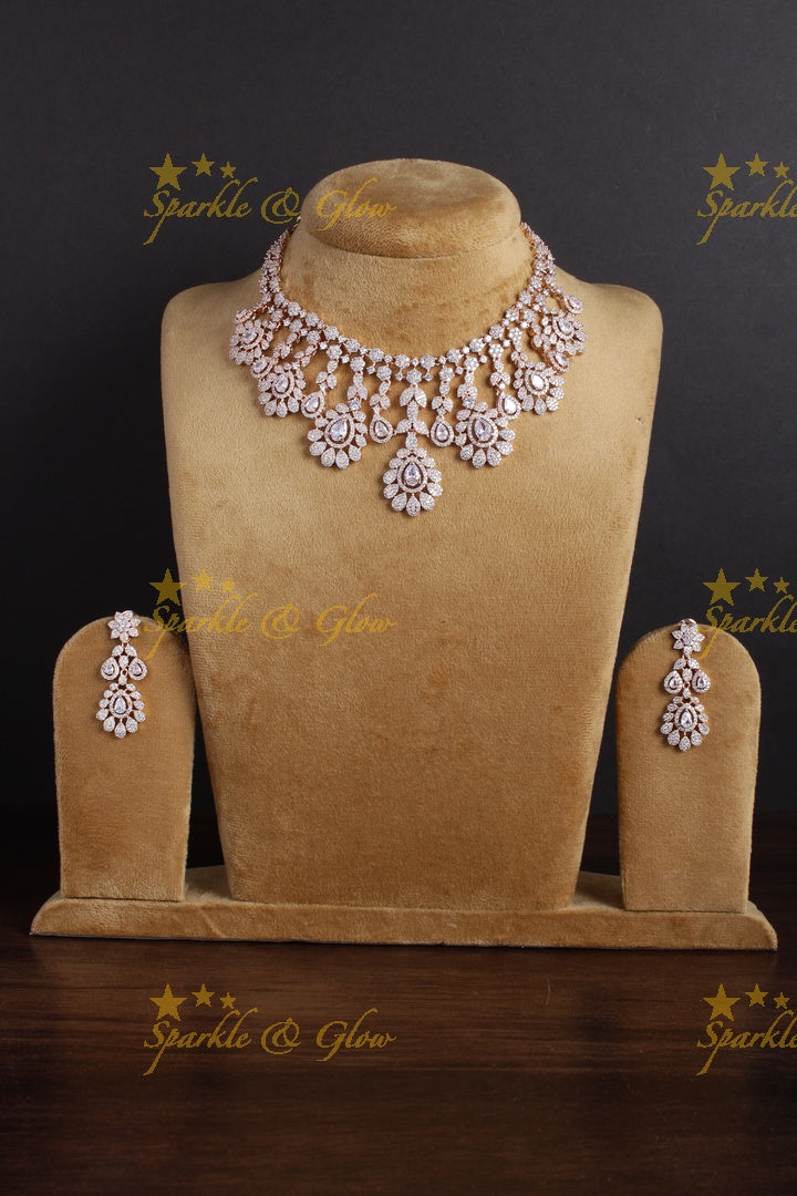 Beautiful floral leaf design rose gold AD necklace - White