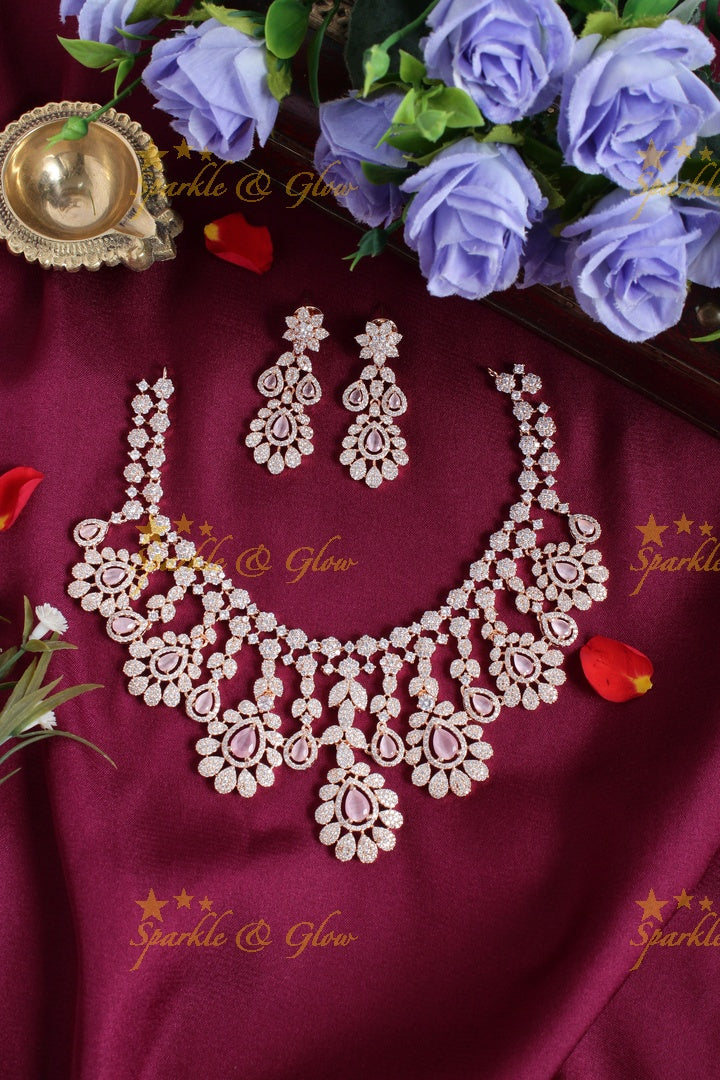 Beautiful floral leaf design rose gold AD necklace - White