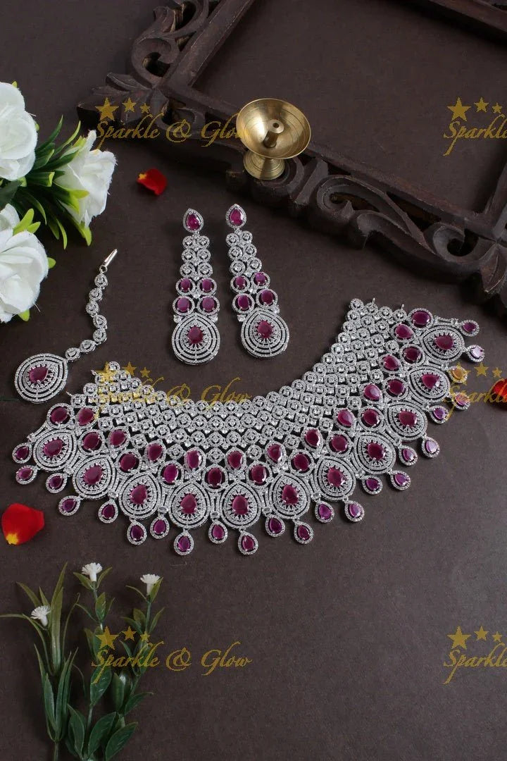 Exclusive Bridal silver AD choker with maang tikka - Sparkle and Glow