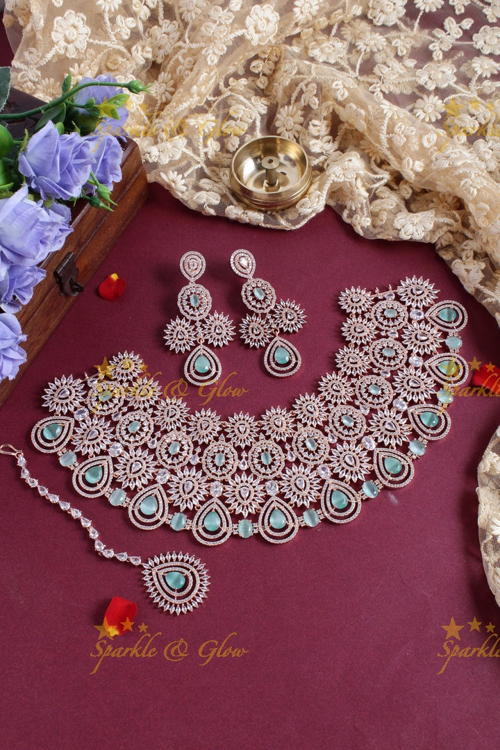 Exclusive Bridal rose gold AD choker with maang tikka - White
