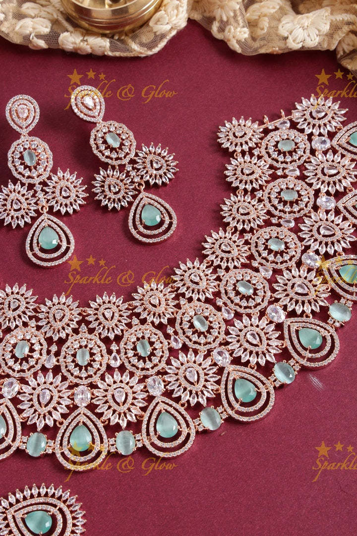 Exclusive Bridal rose gold AD choker with maang tikka - Mint Green
