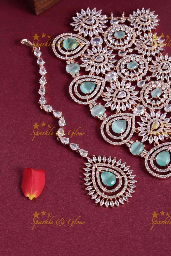 Exclusive Bridal rose gold AD choker with maang tikka - Mint Green