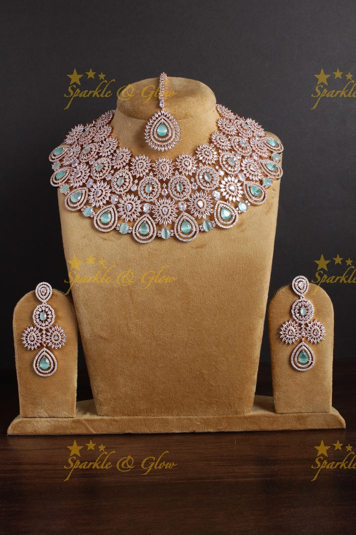 Exclusive Bridal rose gold AD choker with maang tikka - Mint Green