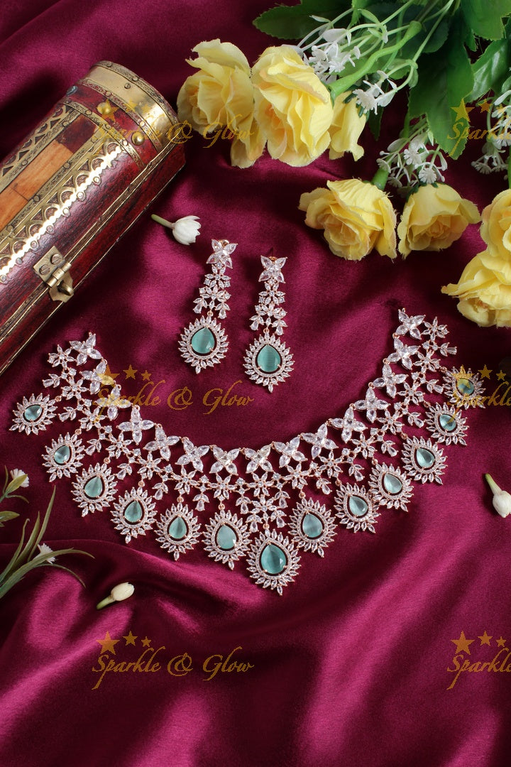 Stunning rose gold leaf design AD choker - Light Pink