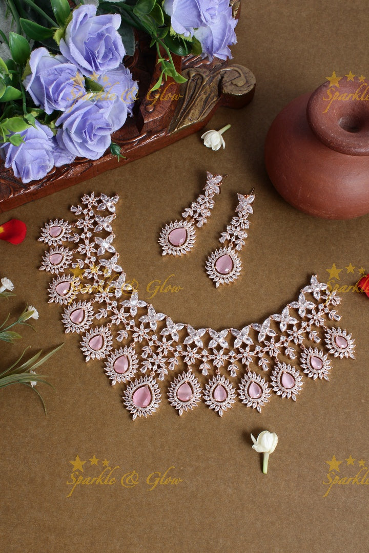 Stunning rose gold leaf design AD choker - Light Pink
