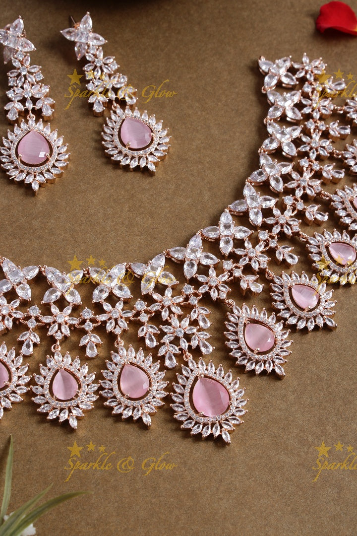 Stunning rose gold leaf design AD choker - Light Pink