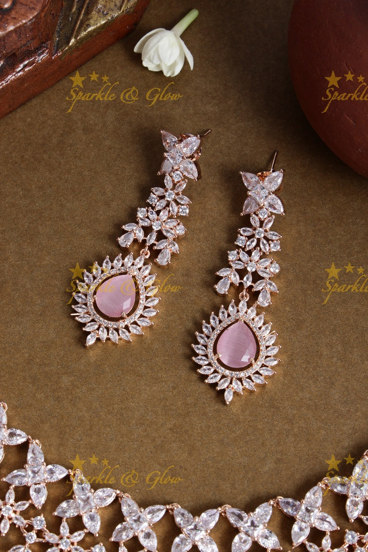 Stunning rose gold leaf design AD choker - Light Pink
