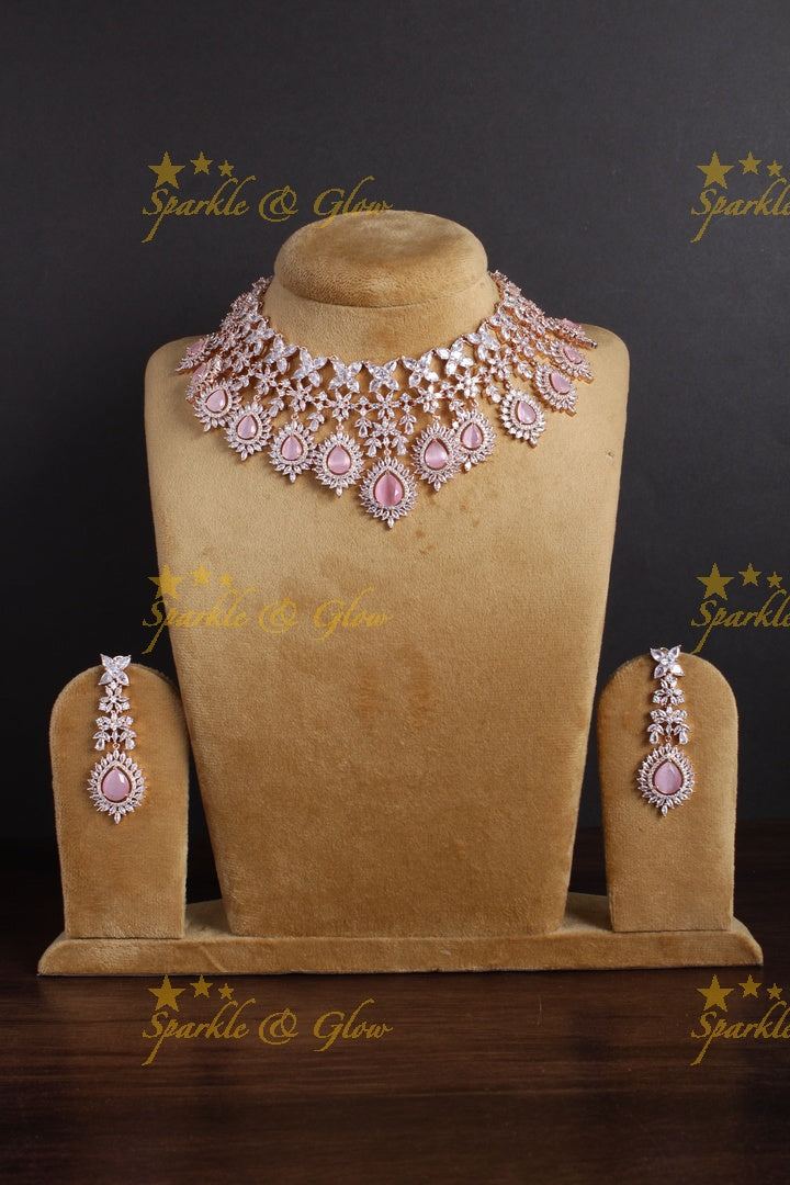 Stunning rose gold leaf design AD choker - Light Pink