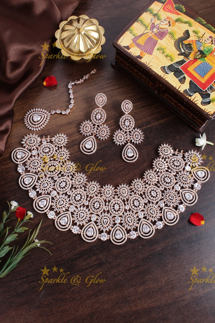 Exclusive Bridal rose gold AD choker with maang tikka - White