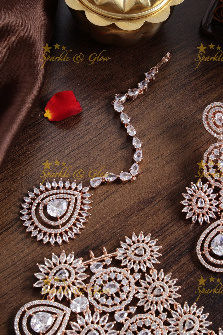 Exclusive Bridal rose gold AD choker with maang tikka - White