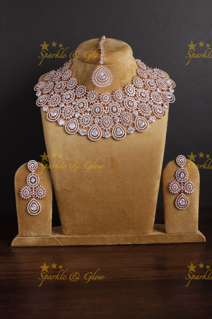Exclusive Bridal rose gold AD choker with maang tikka - White