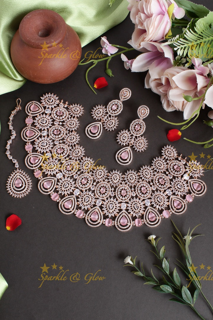 Exclusive Bridal rose gold AD choker with maang tikka - White