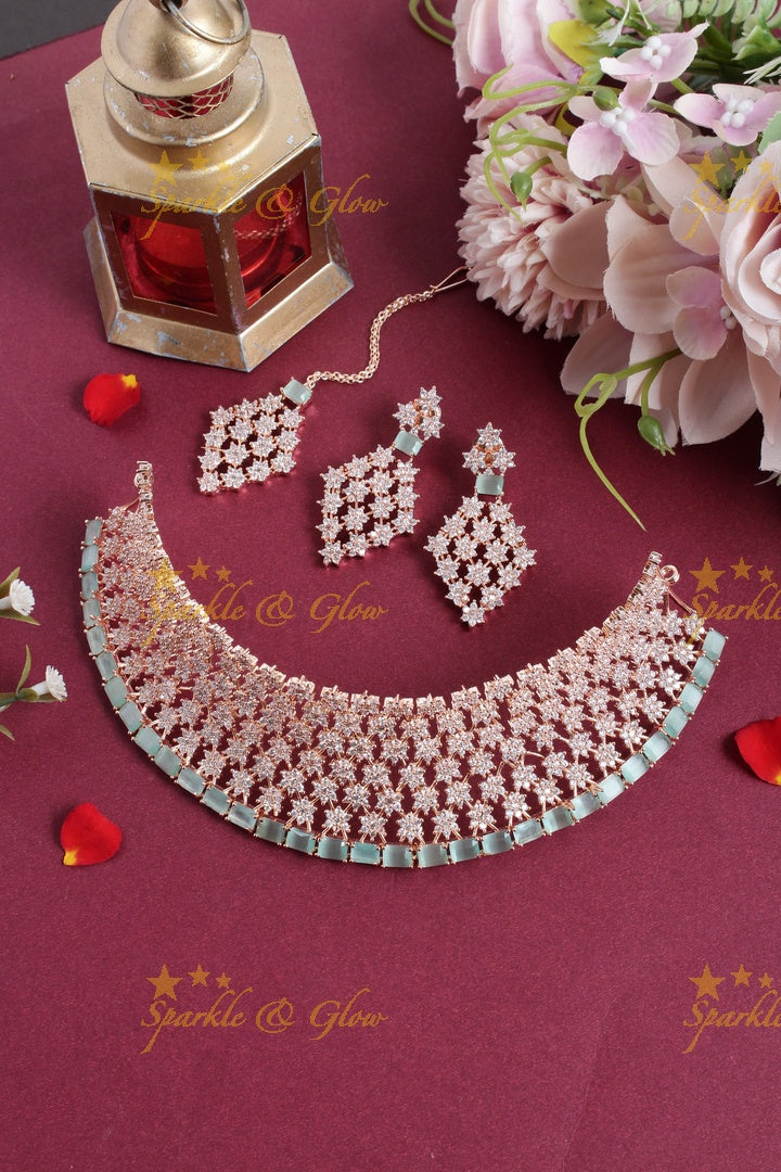 Floral rose gold AD choker with maang tikka - Light Green