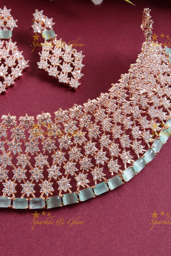 Floral rose gold AD choker with maang tikka - Light Green