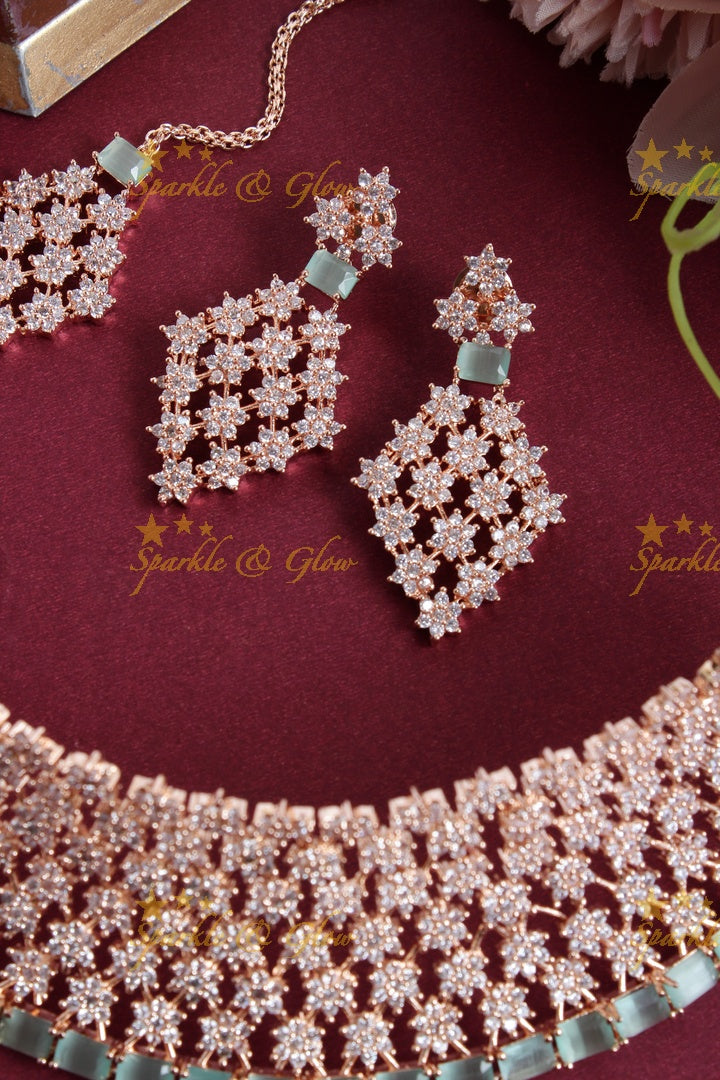 Floral rose gold AD choker with maang tikka - Light Green