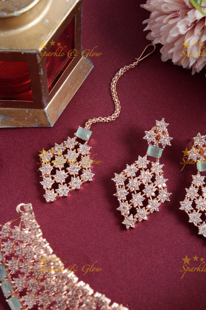 Floral rose gold AD choker with maang tikka - Light Green
