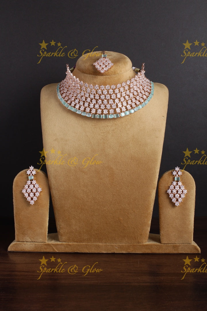 Floral rose gold AD choker with maang tikka - Light Green
