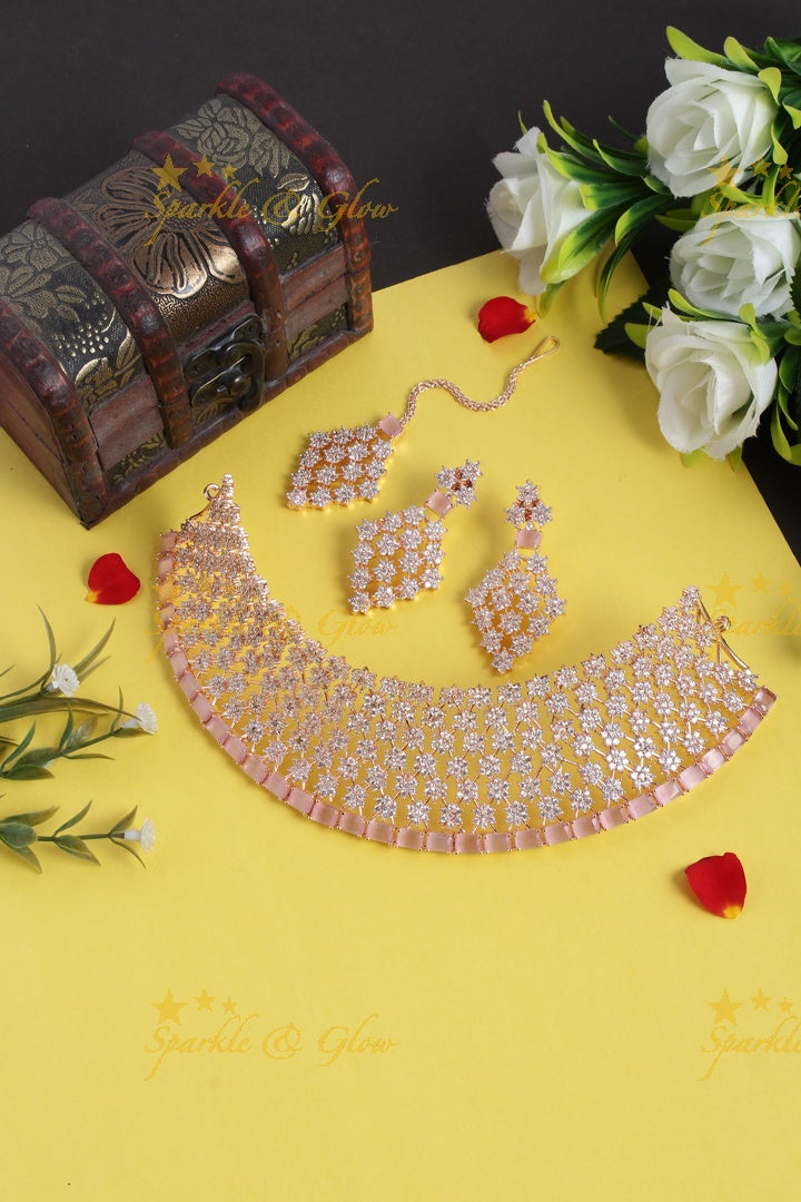 Floral rose gold AD choker with maang tikka - Light Green