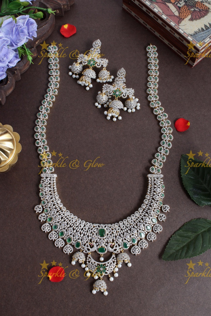 Stunning GJ Polish Jhumka intricate design long necklace - Green