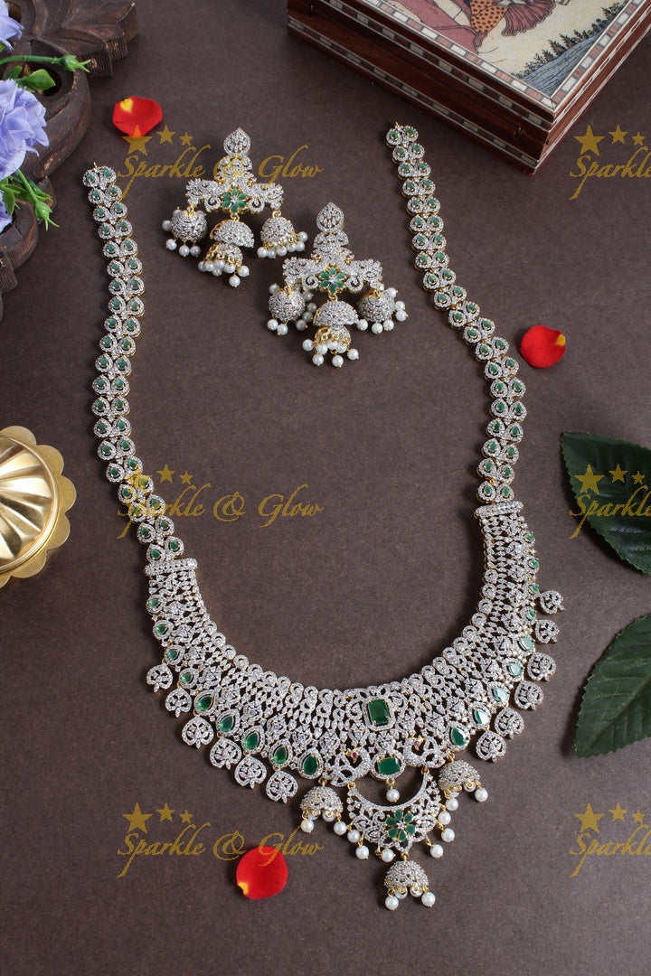 Stunning GJ Polish Jhumka intricate design long necklace - Green