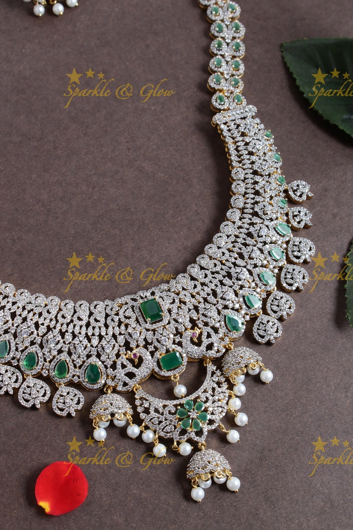 Stunning GJ Polish Jhumka intricate design long necklace - Green