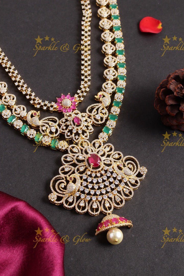 Intricately carved peacock floral jhumka deisgn GJ polish necklace - Sparkle and Glow - Multi - Back Thread
