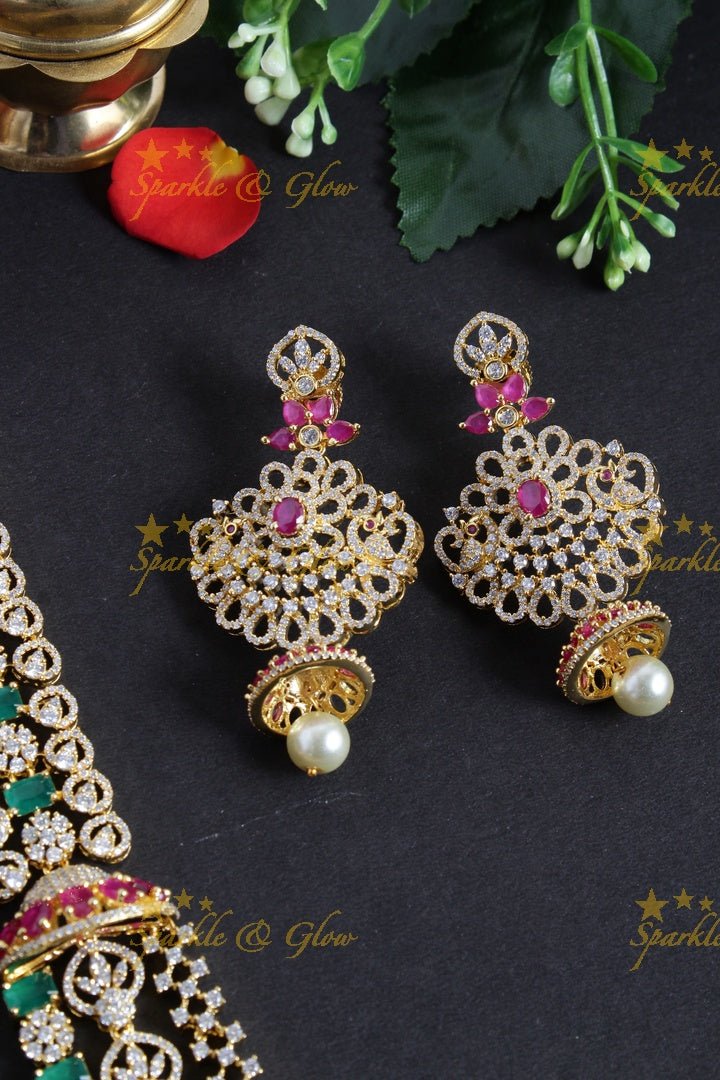 Intricately carved peacock floral jhumka deisgn GJ polish necklace - Sparkle and Glow - Green - Back Thread