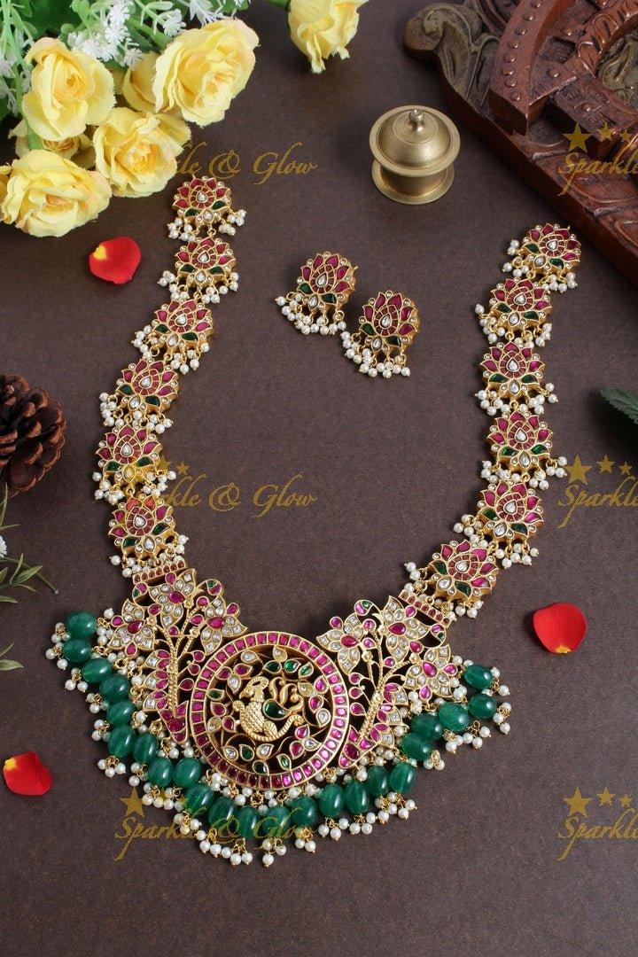 Exclusive Gheru gold jadau lotus peacock curved Long Haram - Sparkle and Glow
