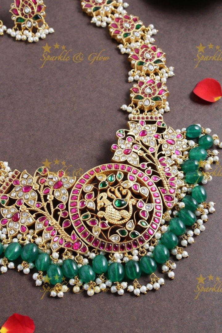 Exclusive Gheru gold jadau lotus peacock curved Long Haram - Sparkle and Glow