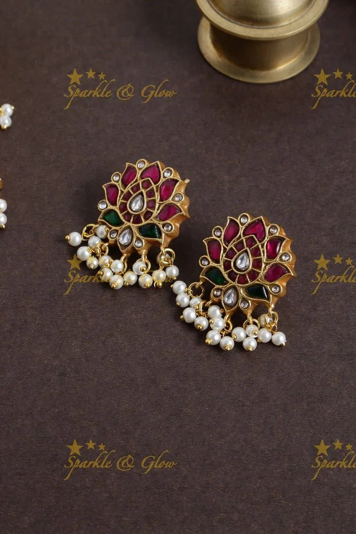 Exclusive Gheru gold jadau lotus peacock curved Long Haram - Sparkle and Glow