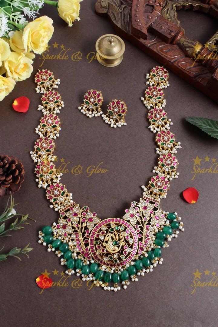 Exclusive Gheru gold jadau lotus peacock curved Long Haram - Sparkle and Glow