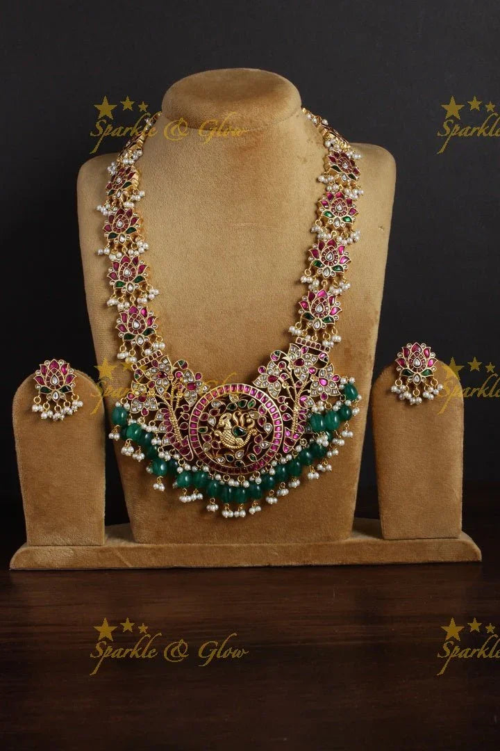 Exclusive Gheru gold jadau lotus peacock curved Long Haram - Sparkle and Glow