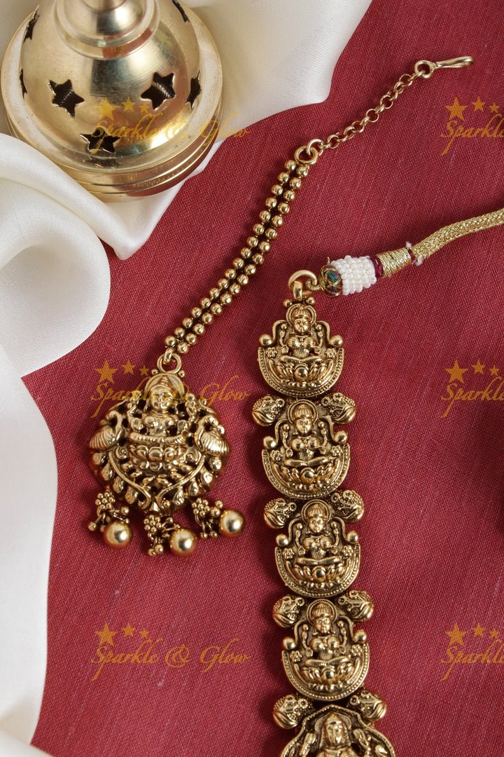 Beautiful gold alike Lakshmi carved gold beads necklace - Sparkle and Glow - Back Thread - 