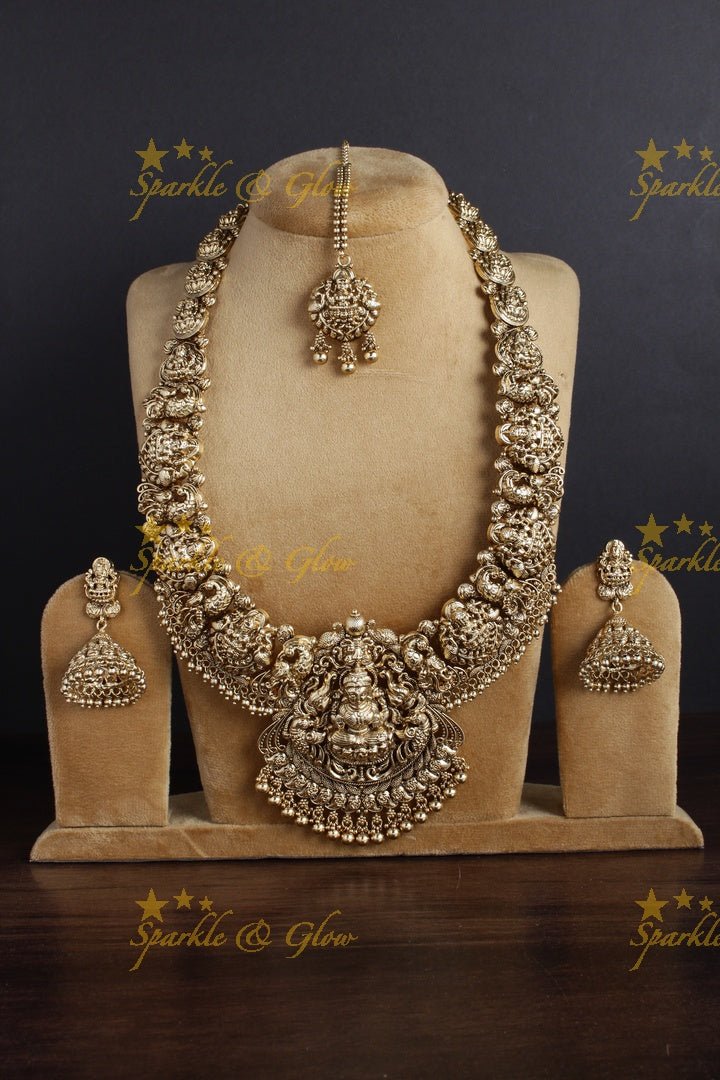 Beautiful gold alike Lakshmi carved gold beads necklace - Sparkle and Glow - Back Thread - 