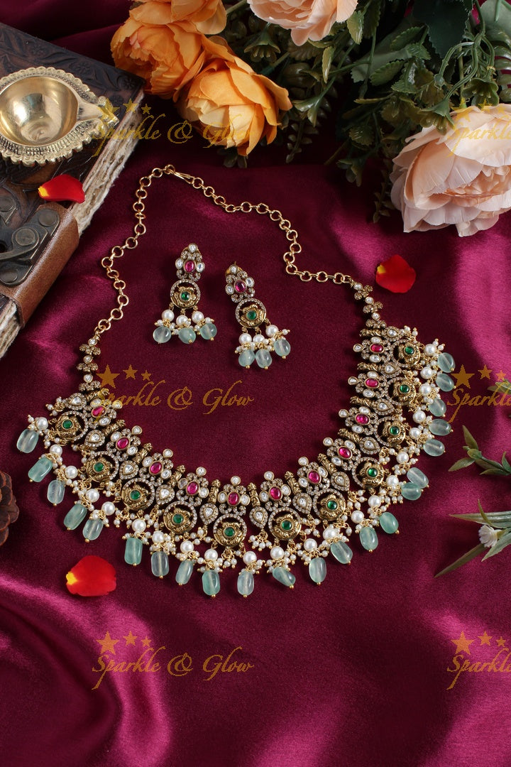 Antique short victorian floral bead necklace - Multi